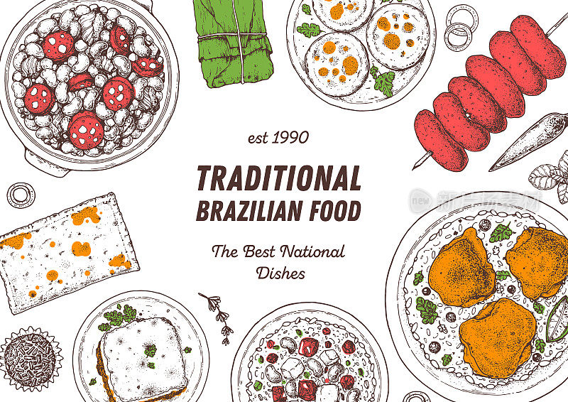 巴西食物顶视图矢量插图。食品菜单设计模板。手绘草图。巴西菜菜单。复古风格。Feijoada, Pastel, Escondidinho, Baiao de dois, Galinhada, Churrasco
